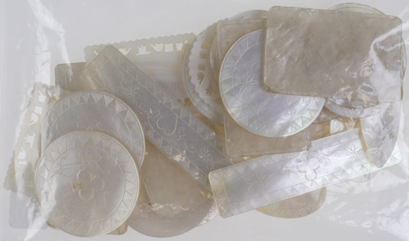 China - Carved Mother of Pearl Gaming Tokens / Counters of different shapes, des...