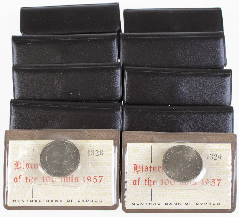 Cyprus - Lot with 10x Cyprus 100 Mils 1957 (KM37), all UNC in orig. brown wallet...