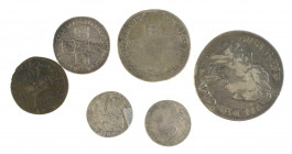 England - Lot with 5x coin England: William III Crown 1695, Halfcrown 1696 & Sixpence 1697, George II Shilling 1758 & Sixpence 1758, added Ireland Shi...