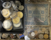 World - Lot various world coins in box incl. some medals and banknotes