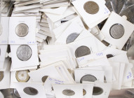 World - Tin box various world coins in coin holders
