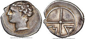 GAUL. Massalia. Ca. 350-150 BC. AR obol (12mm, 11h). NGC XF. Bare head of Apollo left / MA within two spokes of a wheel. SNG Copenhagen 727.

HID09801...