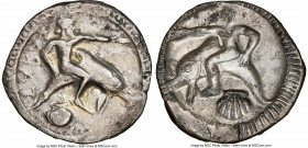 CALABRIA. Tarentum. Ca. 510-500 BC. AR didrachm (24mm, 7.17 gm, 1h). NGC (photo-certificate) Choice VF 4/5 - 2/5, edge bend. TARAS (retrograde), Taras...