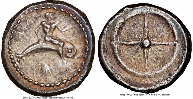 CALABRIA. Tarentum. Ca. 480-450 BC. AR didrachm (17mm, 7.62 gm). NGC Choice XF 5...