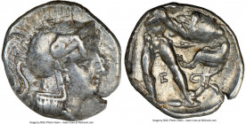 CALABRIA. Tarentum. Ca. 380-280 BC. AR diobol (13mm, 3h). NGC VF. Ca. 325-280 BC. Head of Athena right, wearing crested Attic helmet / TAPAΣ, Hercules...