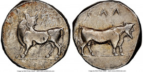 LUCANIA. Laus. Ca. 480-460 BC. AR stater (17mm, 7.86 gm, 3h). NGC Choice Fine, 5/5 - 2/5, brushed. ΛAS (retrograde), man-faced bull standing left, hea...