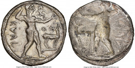 BRUTTIUM. Caulonia. Late 6th century BC. AR stater or nomos (29mm, 7.04 gm, 12h). NGC (photo-certificate) Choice XF 5/5 - 2/5. KAVΛ (retrograde), full...