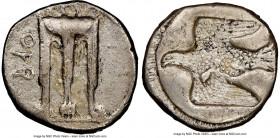 BRUTTIUM. Croton. Ca. 480-430 BC. AR stater or nomos (18mm, 7.78 gm, 6h). NGC VF 5/5 - 3/5, brushed. ϘPO, ornamented sacrificial tripod, legs terminat...