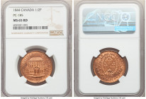 Province of Canada. Bank of Montreal "Front View" 1/2 Penny Token 1844 MS65 Red NGC, KM-Tn18, PC-1B5. Plain edge. Medal alignment. Small trees, short ...