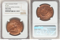 Province of Canada. Bank of Upper Canada "St. George" Penny Token 1857 MS65 Red and Brown NGC, KM-Tn3, Br-719, PC-6D. Plain edge. Coin alignment. Shim...