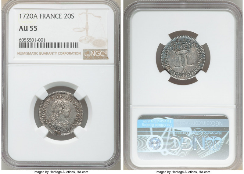 Louis XV 20 Sols (1/6 Ecu) 1720-A AU55 NGC, Paris mint, KM453. One year type. "C...