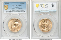 Estados Unidos gold 20 Pesos 1953 MS67 PCGS, KM-M92a. Issued for the 200th anniversary of the birth of Hidalgo. AGW 0.4823 oz. 

HID09801242017

©...