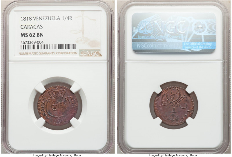 Caracas. Provincial 1/4 Real 1818 MS62 Brown NGC, KM-C2. Royalist coinage issue....