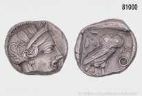 Athen, Attika, Tetradrachme, ca. 454-404 v. Chr., Vs. Kopf der Athena mit Helm nach rechts. Rs. Eule nach rechts stehend, Kopf frontal, links oben Oli...