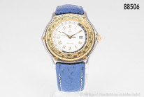 Ebel Voyager HAU, Automatic, Stahl-Goldausführung mit Saphirglas, blaues original Lederband mit Faltschließe, weißes Zifferblatt mit Datumsanzeige bei...