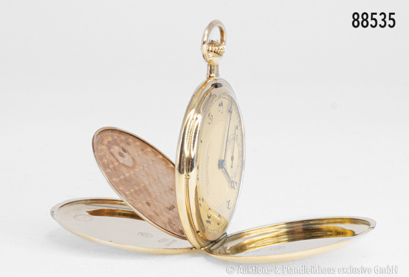 Goldene Taschenuhr, Deutsche Uhrenfabrik Glashütte/SA "Lange Uhr", 585er Gelbgol...