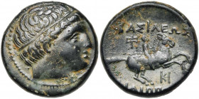 ROYAUME DE MACEDOINE, Philippe III Arrhidée (323-316), AE bronze, 323-319 av. J.-C., Milet. D/ T. diad. à d. R/ ΒΑΣΙΛΕΩΣ/ ΦΙΛΙΠΠOY Cavalier au pas à d...
