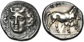 THESSALIE, LARISSA, AR drachme, vers 350 av. J.-C. D/ T. de la nymphe Larissa de f., légèrement tournée vers la g. R/ ΛAI/ΣΑΙΩN (début de légende à l...