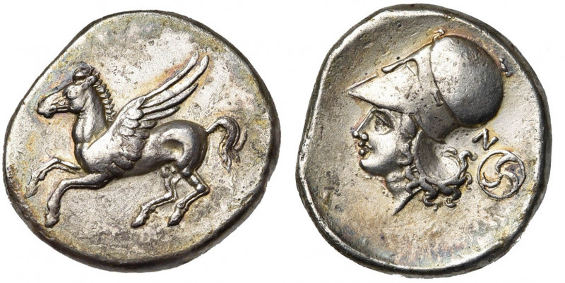 CORINTHE, AR statère, 386-307 av. J.-C. D/ Pégase en vol à g. Dessous, . R/ T. ...