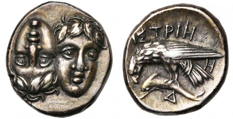 MESIE, ISTROS, AR drachme, vers 350 av. J.-C. D/ Deux t. masc. de f. tête-bêche,...