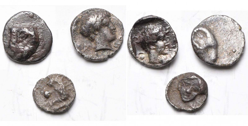 CARIE, ATELIER INCERTAIN, lot de 3 fractions en argent: 1/32 statère, 4e s. av. ...