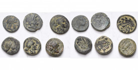 lot de 6 petits bronzes: Colophon, T. d''Apollon/Protome de cheval; Pergame, T. d''Asclépios/Bâton d''Asclépios; Sardes, T. d''Apollon/Massue (3); roy...