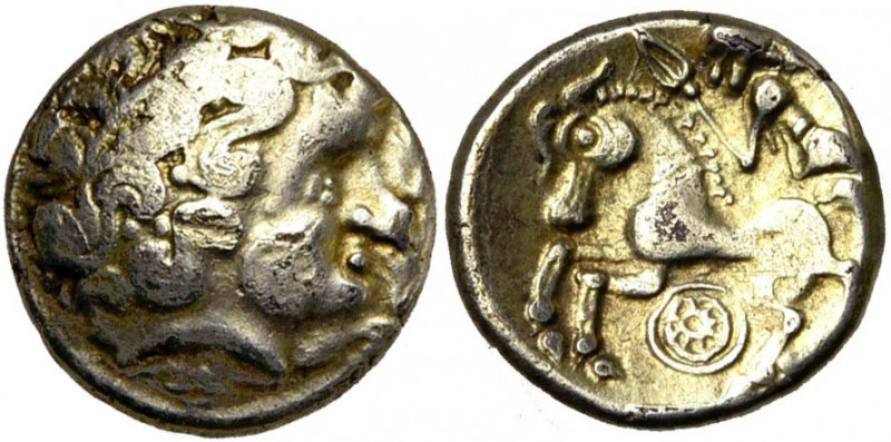GAULE BELGIQUE, Caleti, El. quart de statère. Type à la roue. D/ T. l. d''Apollo...