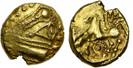GAULE BELGIQUE, Remi, AV statère, avant 54 av. J.-C. Classe I. D/ Grand oeil angulaire regardant à d. Devant l''iris, trois étoiles. R/ Cheval galopan...