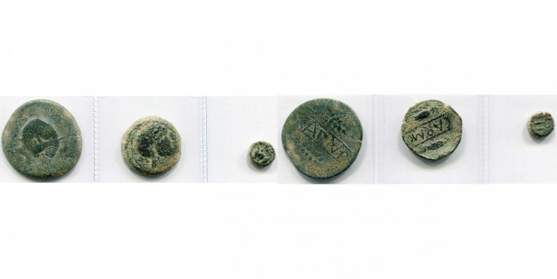 ESPAGNE, CARMO, (Carmona), lot de 3 p.: as, T. casquée à d./ CARMO entre deux ép...