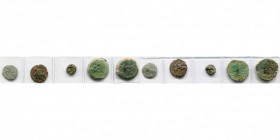 ESPAGNE, EBUSUS, (Ibiza), lot de 5 p.: 300-200 av. J.-C., 1/4 chalque, Bès/Taureau à g., Bès/Bès; 1/8 chalque, Bès/Bès; vers 80 av. J.-C., semis, Bès/...
