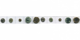 ESPAGNE, EBUSUS, (Ibiza), lot de 5 p.: 300-200 av. J.-C., 1/4 chalque, Bès/Taureau à g.; triobole, Bès/Bès; 1/8 chalque, Bès/Taureau à d.; vers 80 av....