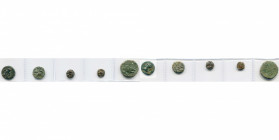 ESPAGNE, EBUSUS, (Ibiza), lot de 5 p.: 300-200 av. J.-C., 1/4 chalque, Bès/Taureau à g.; triobole, Bès/Bès; 1/8 chalque, Bès/Bès, Bès/Taureau à d.; ve...