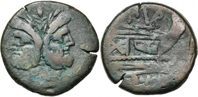 Furius Purpurio, AE as, 169-158 av. J.-C., Rome. D/ T. l. de Janus. Au-dessus, ...