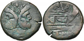 Furius Purpurio, AE as, 169-158 av. J.-C., Rome. D/ T. l. de Janus. Au-dessus, . R/ Proue à d. Devant, . Au-dessus, PVR (ligat.). En dessous, ROMA. ...