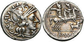 C. Antestius, AR denier, 146 av. J.-C., Rome. D/ C·ANTESTI T. casquée de Roma à d. Sous le menton, . R/ ROMA Les Dioscures galopant à d. En dessous, ...