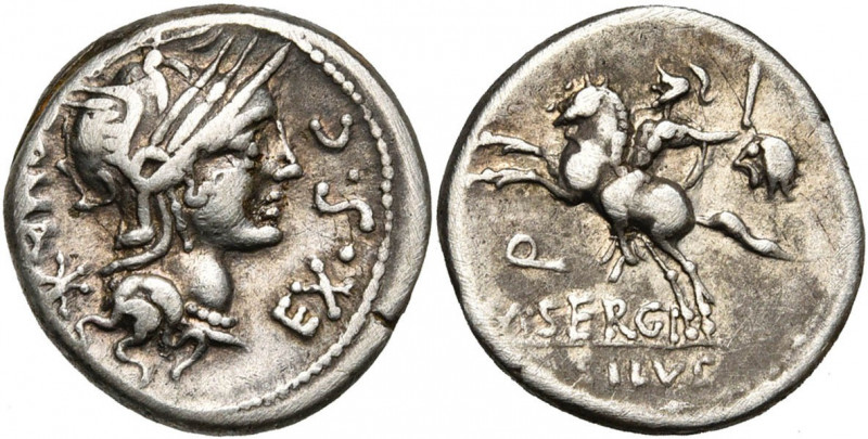 M. Sergius Silus, AR denier, 116-115 av. J.-C., Rome. D/ ROMA - EX·S·C T. casqué...