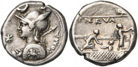 P. Licinius Nerva, AR denier, 113-112 av. J.-C., Rome. D/ B. casqué de Roma à g., ten. un bouclier et une lance. Au-dessus, croissant. A g., étoile. A...