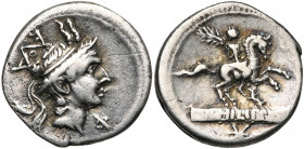 L. Marcius Philippus, AR denier, 113-112 av. J.-C., Rome. D/ T. à d. du roi Philippe V de Macédoine, portant un casque orné de cornes de chèvre. Derri...