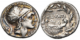 Q. Lutatius Cerco, AR denier, 109-108 av. J.-C., Rome. D/ T. casquée de Roma à d., le casque orné d''une plume et de deux étoiles. Derrière, . Au-des...