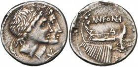 Mn. Fonteius, AR denier, 108-107 av. J.-C., Rome. D/ T. accolées des Dioscures à d. Sous le menton, . R/ Bateau à d. Au-dessus, ·FOI. En dessous à ...