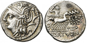 L. Appuleius Saturninus, AR denier, 104 av. J.-C., Rome. D/ T. casquée de Roma à g. R/ Saturne conduisant un quadrige à d., ten. les rênes et une harp...