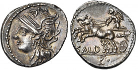 C. Coelius Caldus, AR denier, 104 av. J.-C., Rome. D/ T. casquée de Roma à g. R/ Victoire menant un bige à g. Sous les chevaux, CALD. A l''ex., R•. Cr...