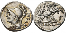 P. Servilius Rullus, AR denier, 100 av. J.-C., Rome. D/ RVLLI B. casqué, cuir. de Minerve à g. R/ P· SERVILI· M·F Victoire conduisant un bige à d., te...