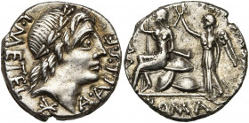 C. Malleolus, A. Albinus et L. Metellus, AR denier, 96 av. J.- C., Rome. D/ L.METEL- A.ALB.S.F T. l. d''Apollon à d. Sous le cou, . R/ C.ML/ ROMA Ro...