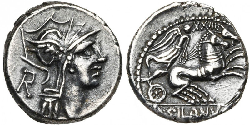 D. Iunius Silanus, AR denier, 91 av. J.-C., Rome. D/ T. casquée de Roma à d. A g...