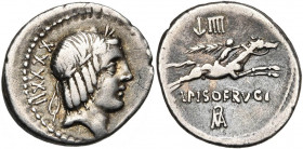 L. Piso Frugi, AR denier, 90 av. J.-C., Rome. D/ T. l. d''Apollon à d. Derrière, XXXXII. R/ Cavalier ten. une palme, au galop à d. Au-dessus, . En d...