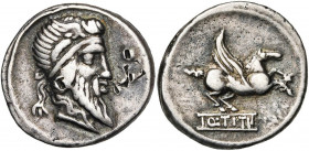 Q. Titius, AR denier, 90 av. J.-C., Rome. D/ T. barbue à d. de Mutinus Titinus (?), coiffé d''un diadème ailé. R/ Pégase cambré à d., les jambes arriè...