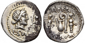 L. Cornelius Sulla, AR denier, 84-83 av. J.-C., atelier itinérant. D/ T. diad. de Vénus à d. A d., petit Cupidon deb. à g., ten. une palme. En dessous...