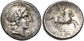 P. Crepusius, AR denier, 82 av. J.-C., Rome. D/ T. l. d''Apollon à d. Derrière, sceptre. Sous le menton, D. R/ Cavalier au galop à d., brandissant une...