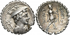 C. Mamilius Limetanus, AR denier serratus, 82 av. J.-C., Rome. D/ B. dr. de Mercure à d., le caducée sur l''épaule. A g., au-dessus du pétase, M. R/ C...